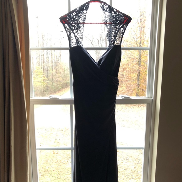 Xcape Dresses Charcoal Gray Keyhole Lace Long Ruched Gown Poshmark